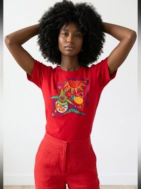 Vintage 90s I.B. Diffusion Embroidered Sun Tropical Red Cotton Tee